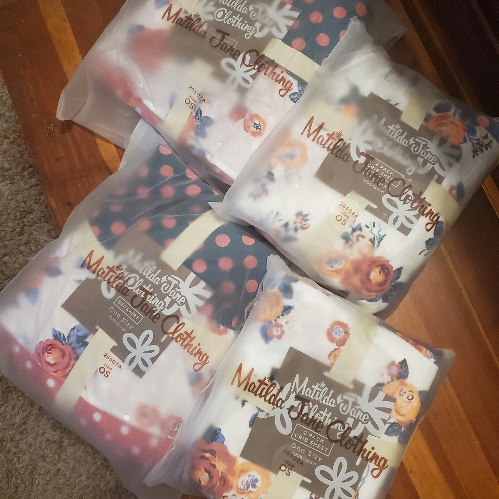 Matilda Jane crib sheets (2) and crib skirt